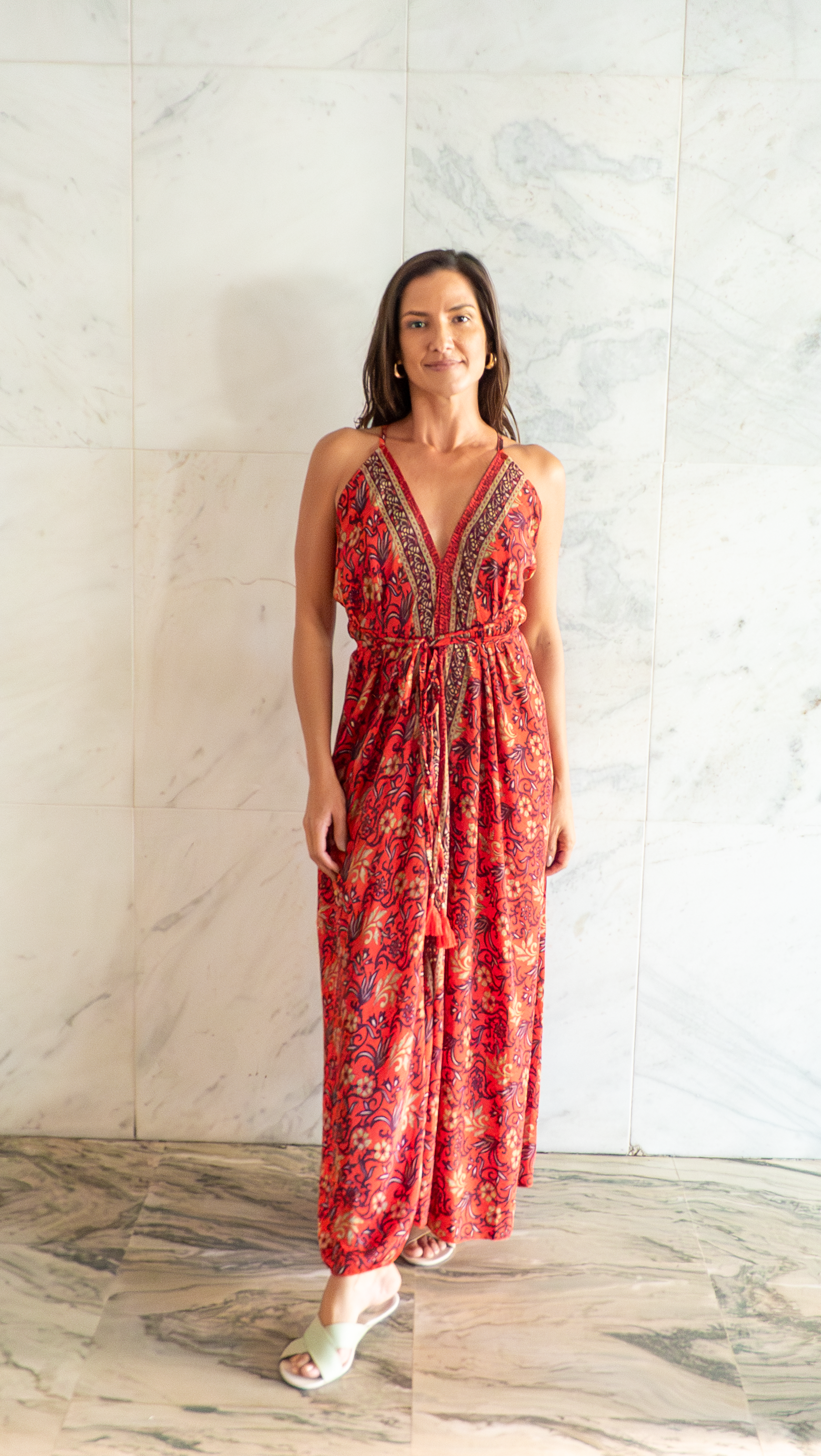 Vestido Lua vermelho magenta- ✨ Vestido Longo Estampa Rubra com Detalhes Artesanais 🐦‍🔥
