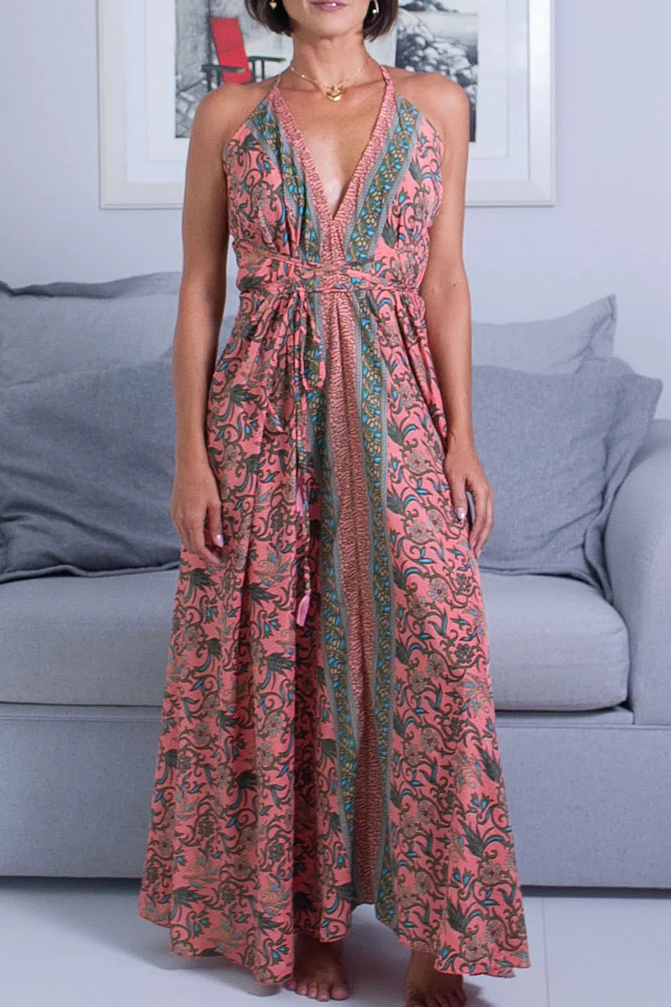 Vestido Lua Salmão 🌸Vestido Longo Damasco Coral — Romantismo em Tons de Pôr do Sol 🌅💗