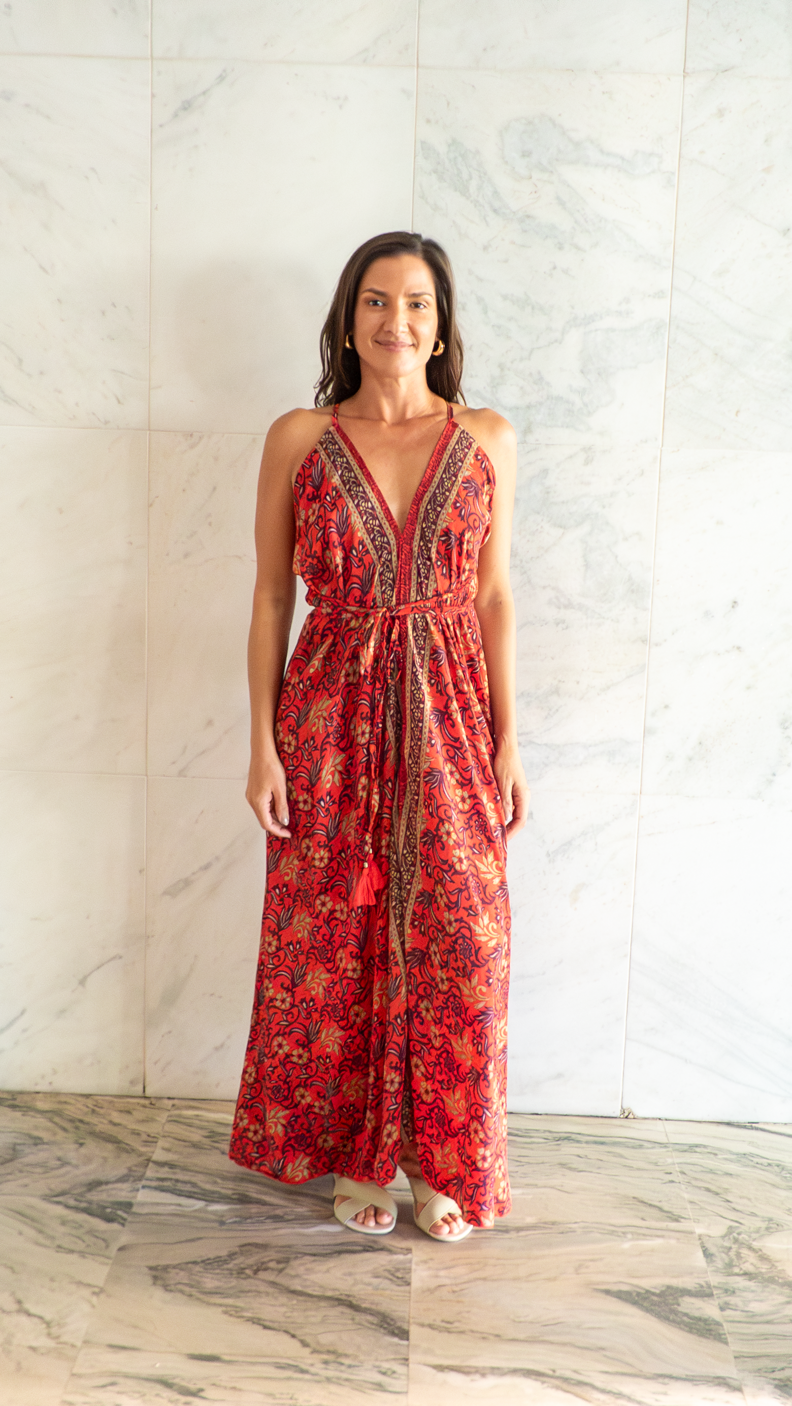 Vestido Lua vermelho magenta- ✨ Vestido Longo Estampa Rubra com Detalhes Artesanais 🐦‍🔥
