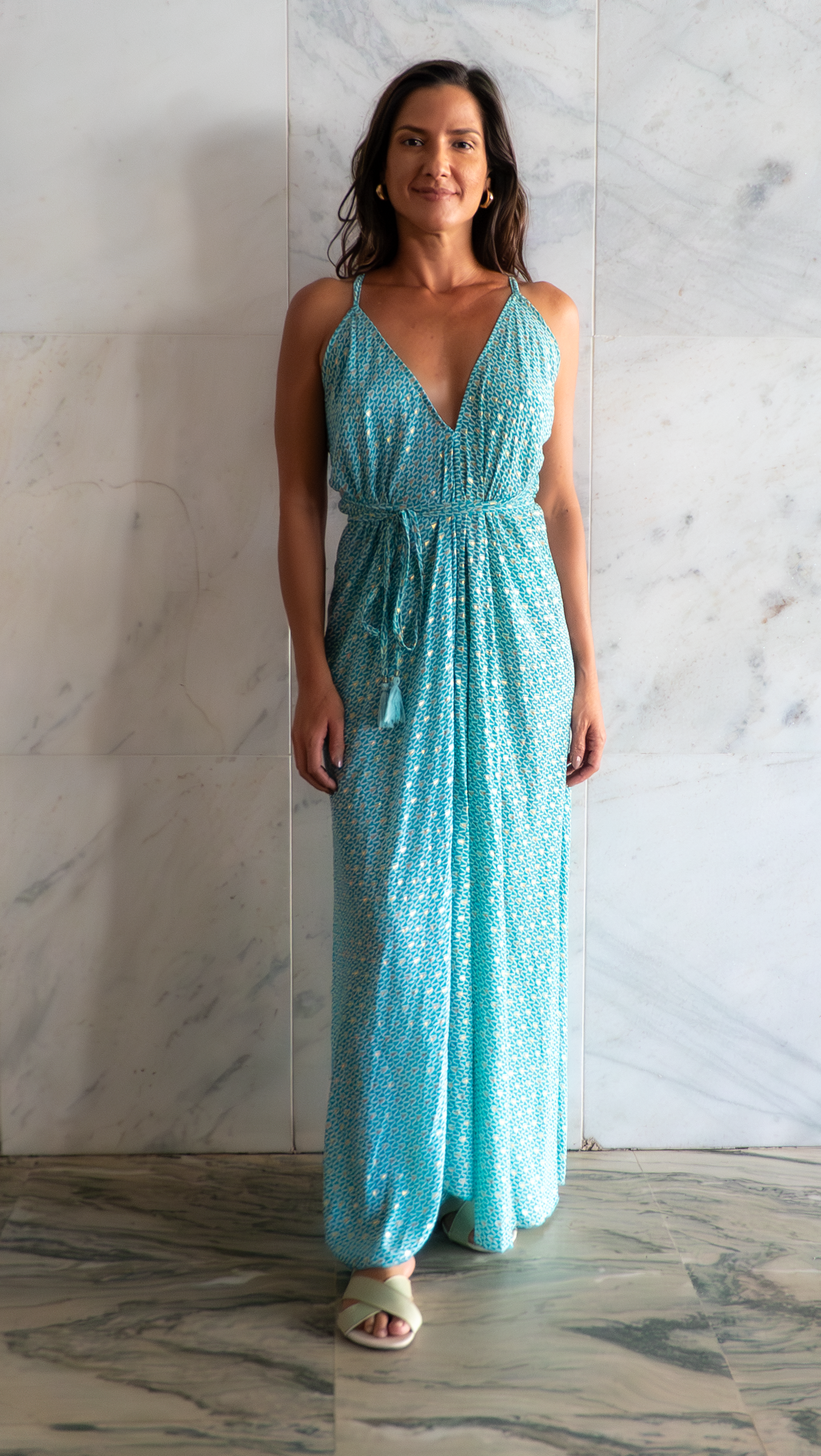 Vestido Raiz Verde água com dourado