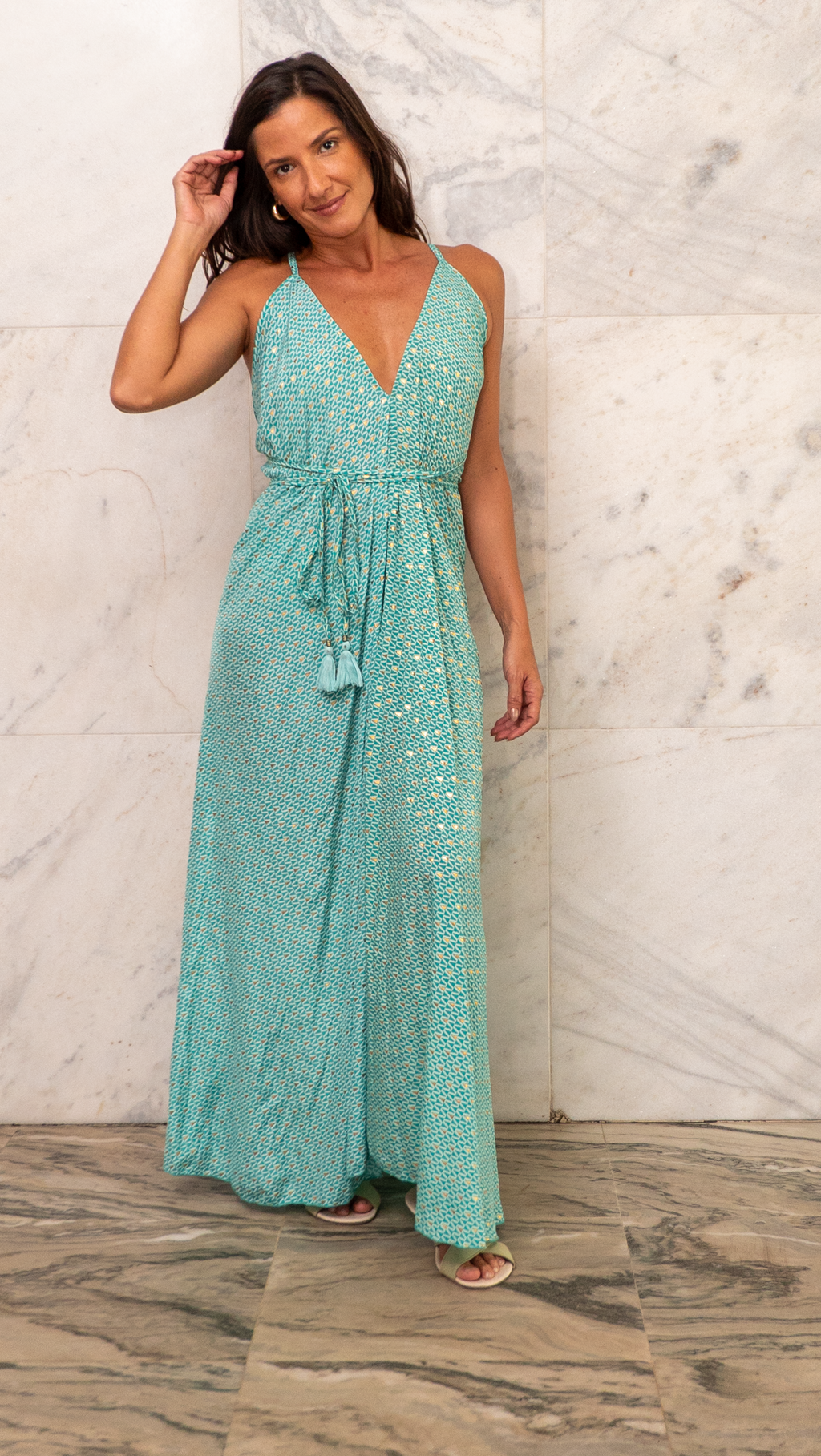 Vestido Raiz Verde água com dourado