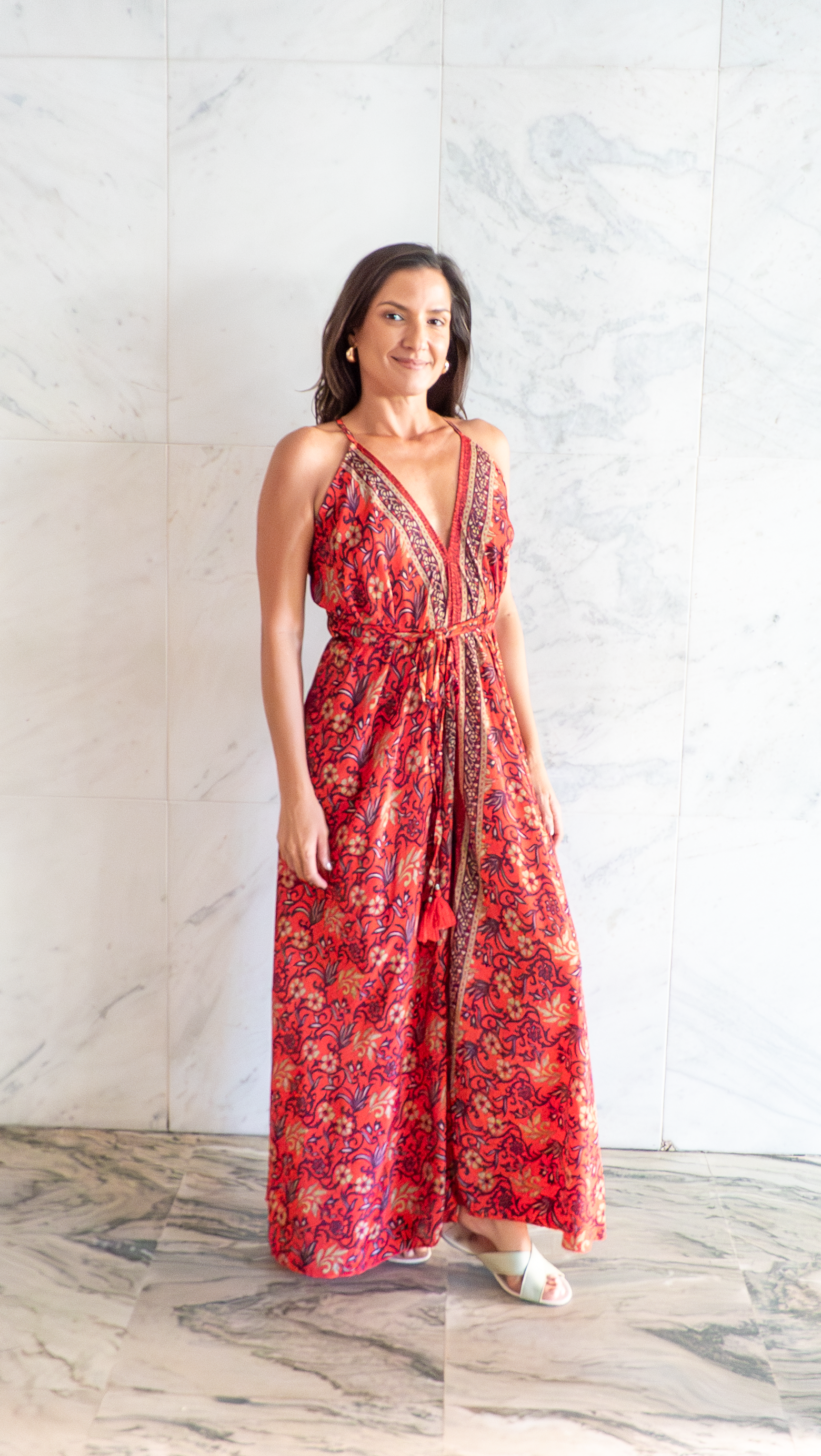 Vestido Lua vermelho magenta- ✨ Vestido Longo Estampa Rubra com Detalhes Artesanais 🐦‍🔥
