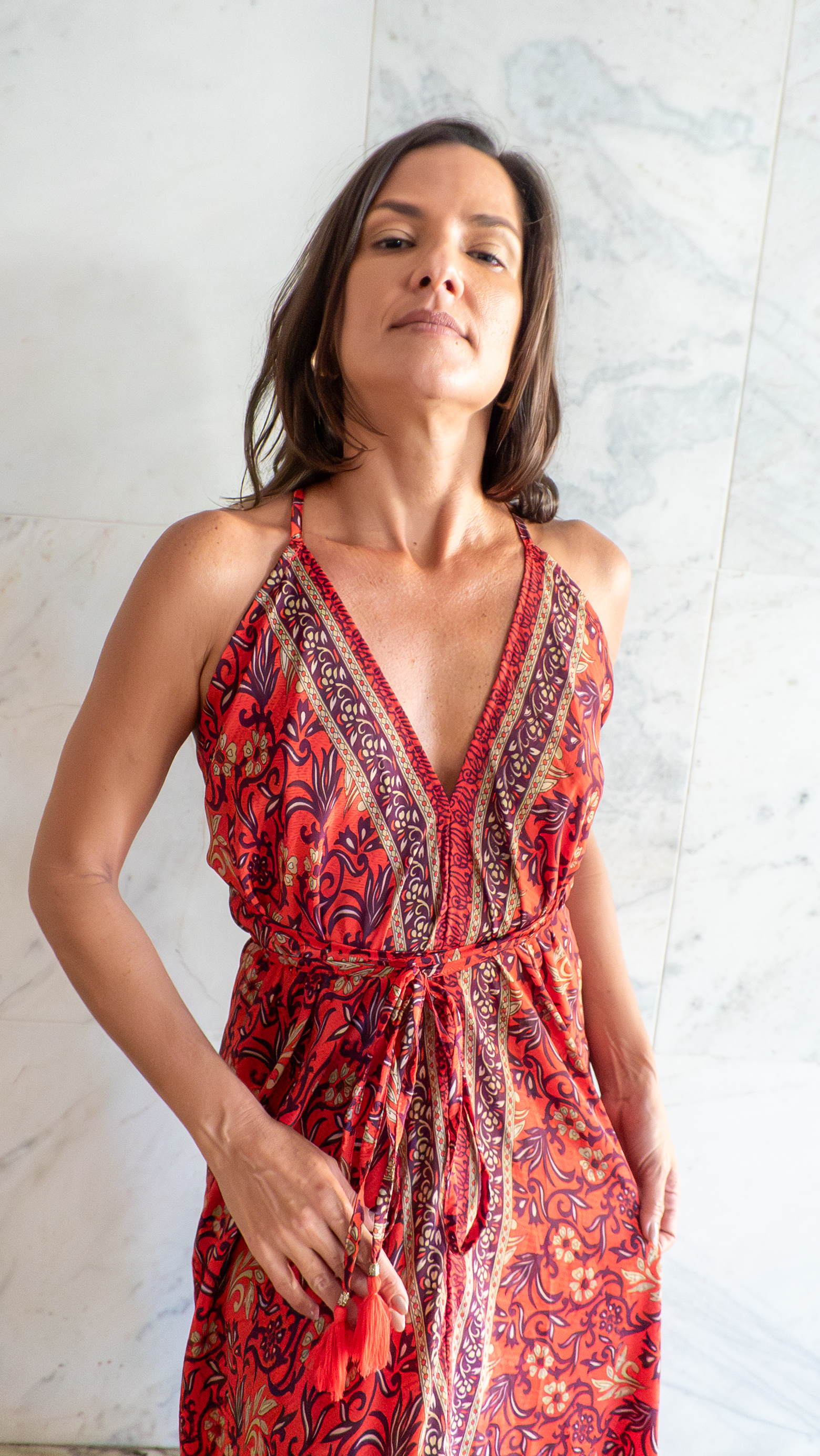 Vestido Lua vermelho magenta- ✨ Vestido Longo Estampa Rubra com Detalhes Artesanais 🐦‍🔥