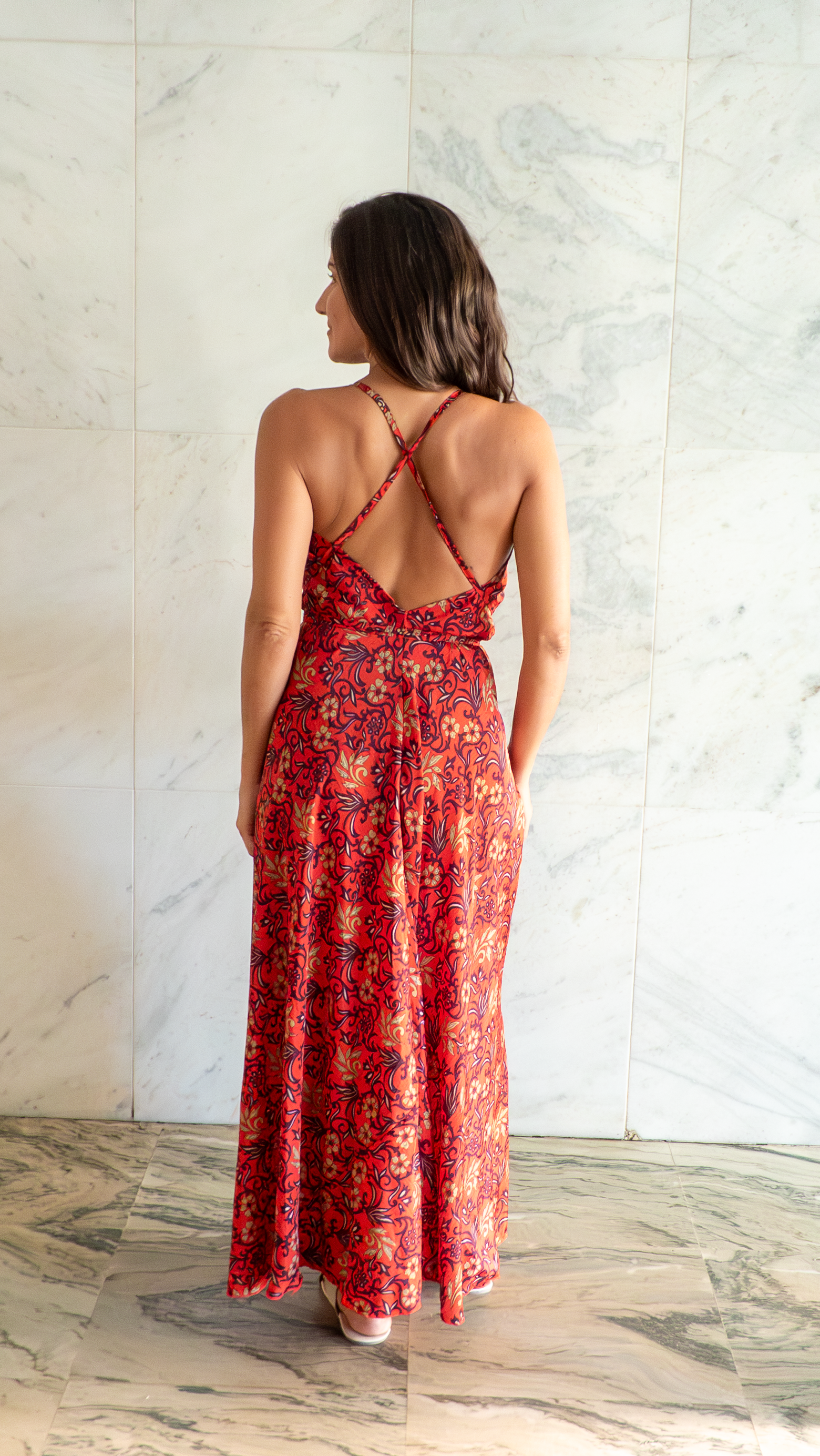 Vestido Lua vermelho magenta- ✨ Vestido Longo Estampa Rubra com Detalhes Artesanais 🐦‍🔥