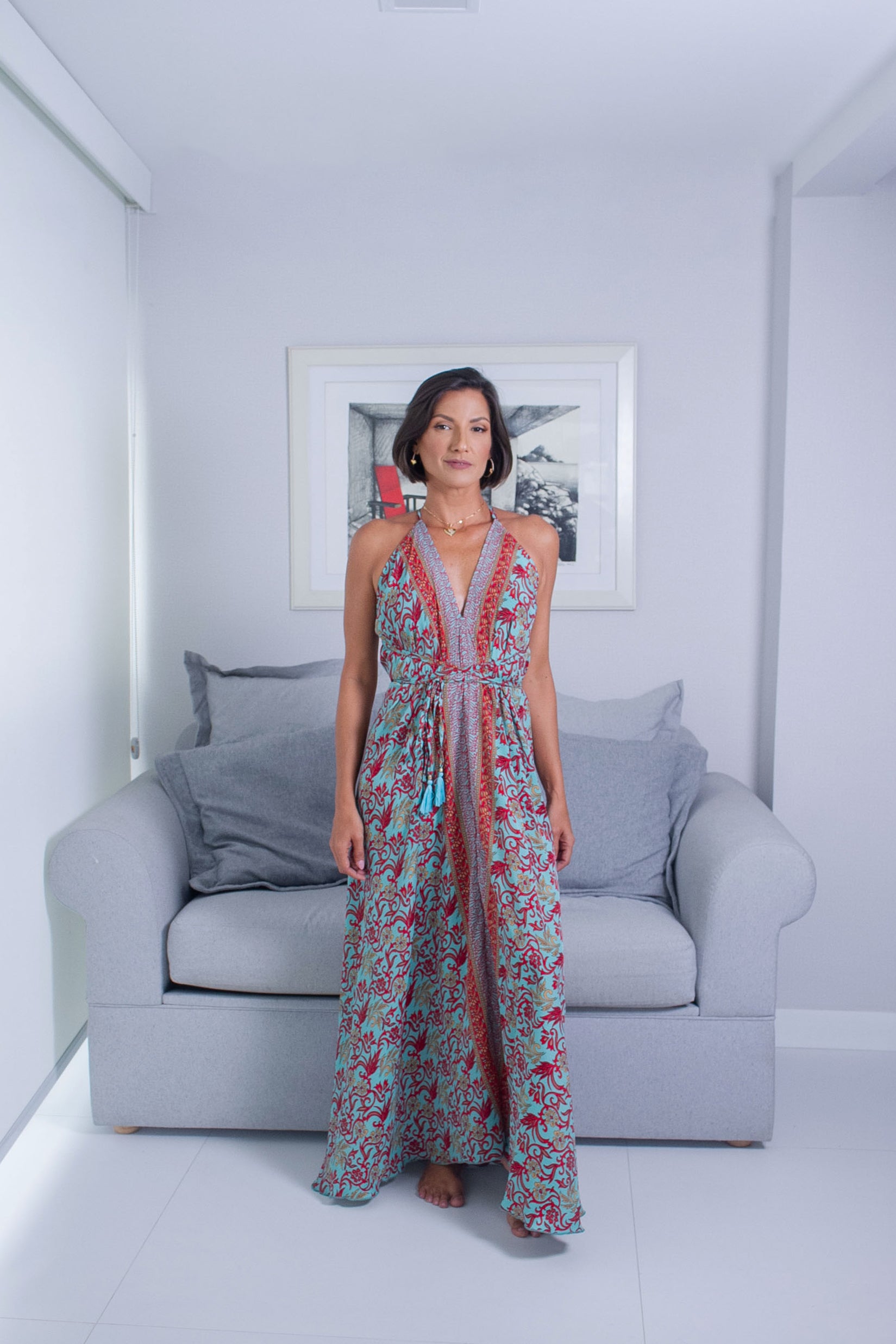 Vestido Lua turquesa Vestido Longo Damasco Turquesa & Vermelho — Sofisticação com Alma Mediterrânea 💙❤️