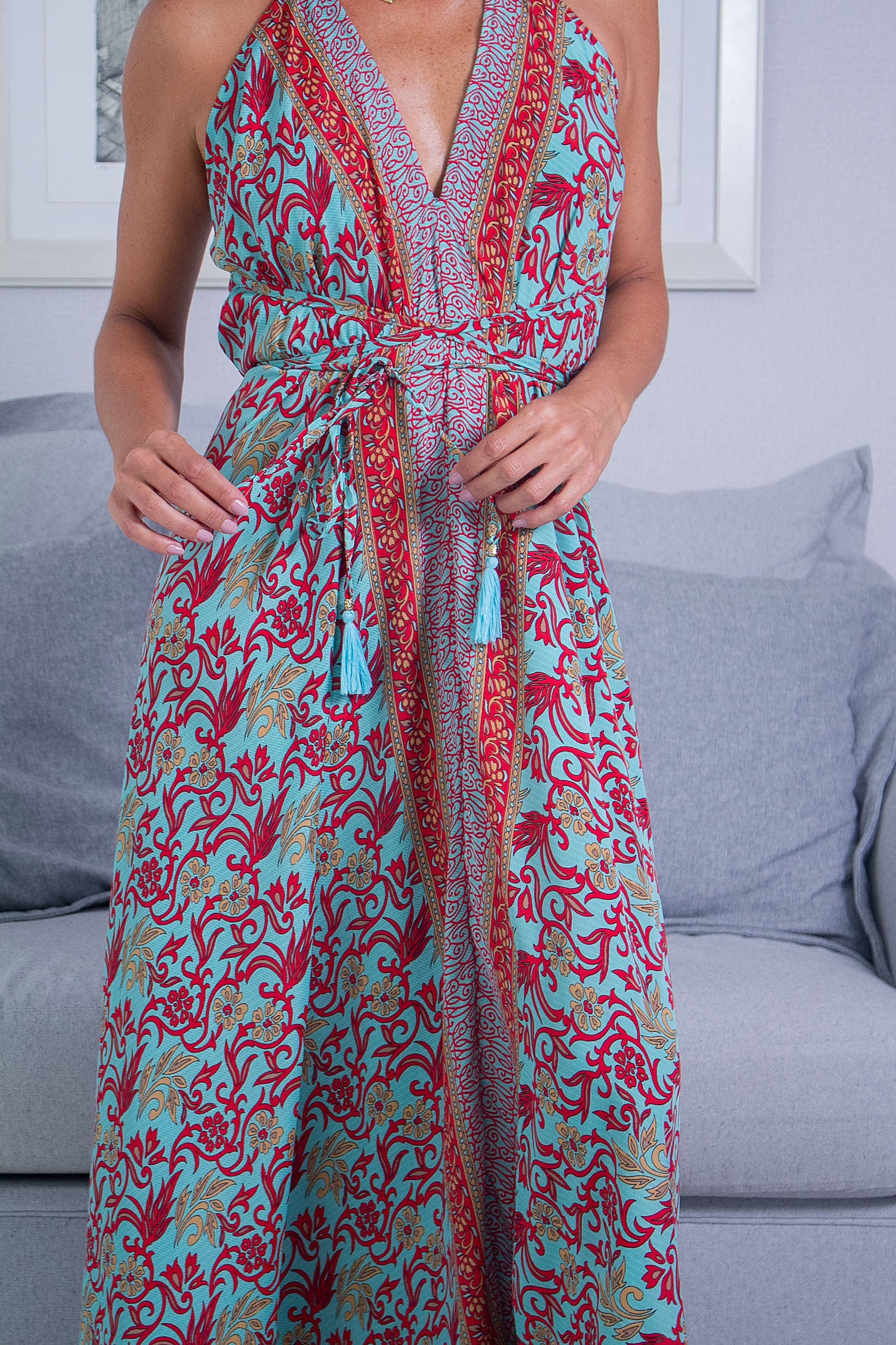 Vestido Lua turquesa Vestido Longo Damasco Turquesa & Vermelho — Sofisticação com Alma Mediterrânea 💙❤️
